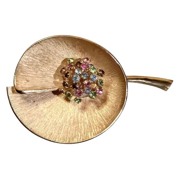 MCM brooch brushed gold 3D lily pad multi color rhinestones unsigned Kramer - Picture 1 of 7